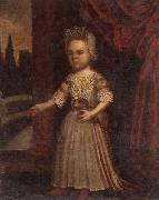 unknow artist Portrait of a young girl,full length,holding a toy dog and a bunch of cherries,set beside a partly-draped red curtain oil painting